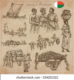 Travel MADAGASCAR. Pictures from the Life - People, Natives - of one of the largest Island in the World. Vector collection. Hand drawn illustrations. Pack of freehand sketches. 