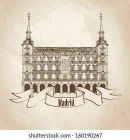 Travel Madrid label. Plaza Mayor in Madrid, Spain. Hand drawing vector illustration isolated on old-fashioned background. 