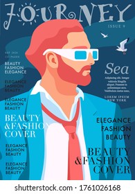 Travel Magazine Cover Design. Portrait Of Bearded Man In Sunglasses, Wearing Suit And Tie. Sky Background With Gulls.  Vector Illustration