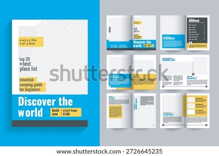 Travel Magazine Template Layout. Unique and Creative Template 12 page yellow blue color travel book layout
