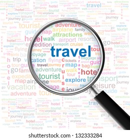 Travel. Magnifying glass over seamless background with different association terms. Vector illustration.