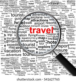 Travel. Magnifying glass over seamless background with different association terms.