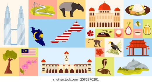 Travel to Malaysia, geometric infographic banner design with Malaysian culture and food, landmarks. Map with country flag, history buildings and durian, hibiscus and tree cartoon vector illustration