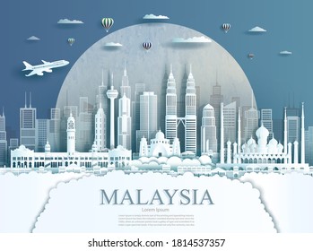 Travel Malaysia monument in Kuala Lumpur city modern building in circle texture background. Business travel poster and postcard.Travel landmarks asia modern architecture cityscape. Vector illustration