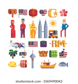 Travel to Malaysia pixel art 80s style icons. Set of architecture, fashion, people in national dress, famous landmarks, traditional elements. Isolated vector illustration. Design stickers, logo.