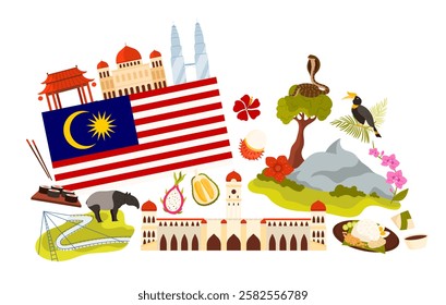 Travel to Malaysia set, elements of culture and religious temple, nature landmarks and food in infographic collage poster. Malaysian flag and rafflesia, Langkawi Sky Bridge cartoon vector illustration