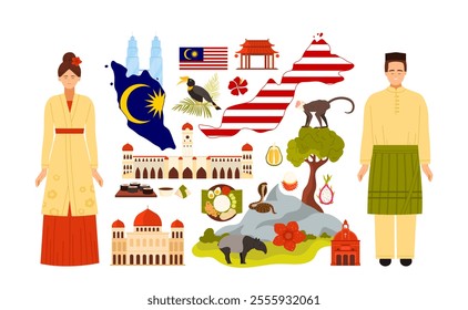 Travel to Malaysia set. Malaysian people in traditional dress and map with country flag pattern, tropical fruits and Nasi Lemak, nature and famous landmarks for tourist cartoon vector illustration