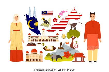 Travel to Malaysia set. Malaysian people in traditional dress and map with country flag pattern, tropical fruits and Nasi Lemak, nature and famous landmarks for tourist cartoon vector illustration