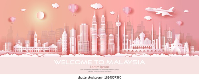 Travel malaysia top world famous city modern and ancient architecture. Tour malaysia landmark of asia with paper origami. Modern business brochure design on pink color background.Vector illustration.