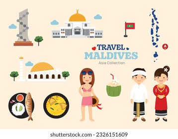 Travel Maldives flat icons set. Maldivian element icon map and landmarks symbols and objects collection. Vector Illustration