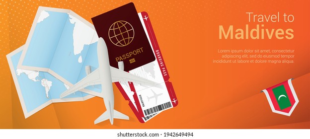 Travel to Maldives pop-under banner. Trip banner with airplane tickets, boarding pass and passport with map and flag of Maldives. Vector template.