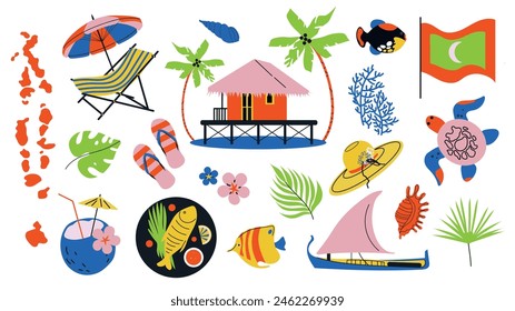 Travel to Maldives sticker set. Doodle elements Turtle, map of Maldives, Maldivian food, water house, boat, fish. Vector Illustration.