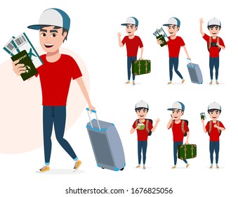Travel male characters vector set. Man tourist character in different pose like walking while holding passport, ticket and luggage while waving for summer vacation isolated in white background.