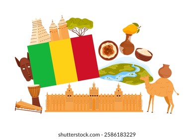 Travel to Mali, culture and landmark, food on national cuisine in infographic collage banner. Big flag of Mali, Sankore Mosque and Niger River, Peanut stew maafe, clay jug cartoon vector illustration