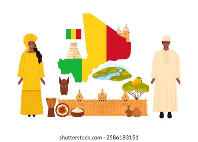 Travel to Mali, people in national costume and headgear, food and culture elements in infographic collage banner. Big flag and Mosque of Djenne, clay huts for tourists tour cartoon vector illustration