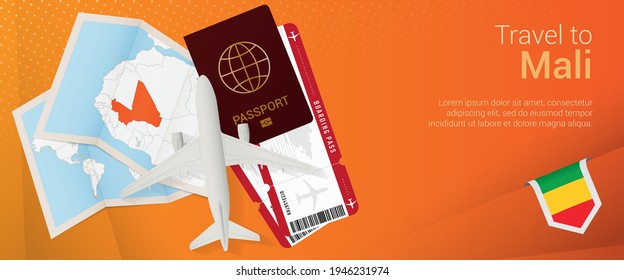 Travel to Mali pop-under banner. Trip banner with passport, tickets, airplane, boarding pass, map and flag of Mali. Vector template.
