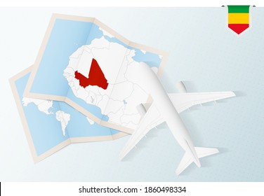 Travel to Mali, top view airplane with map and flag of Mali. Travel and tourism banner design.
