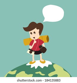 travel man with backpack on world