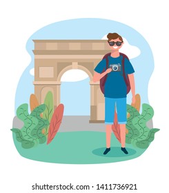 travel man with camera and arc triomphe destination
