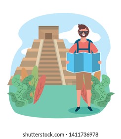 travel man with global map and temple inscription destination