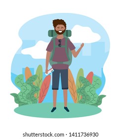 travel man in the plants with sunglasses and backpack
