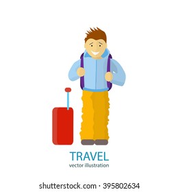 Travel. A man stands near the airport, waiting for a flight to rest. Vector flat illustration
