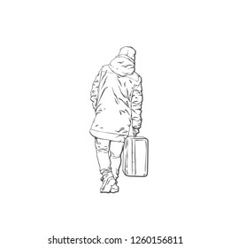 Travel man with vintage suitcase, walking man on the street, winter clothes, vector line art illustration isolated on white background