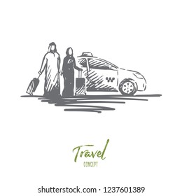 Travel, man, woman, business, Islam concept. Hand drawn muslim couple traveling with suitcase concept sketch. Isolated vector illustration.