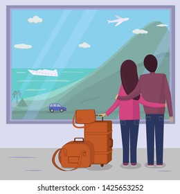 Travel.  A man and a woman look out the window at the airport and choose a journey vector illustration