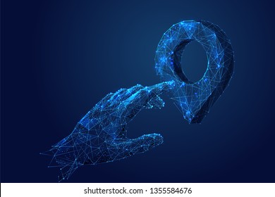 Travel management low poly blue. Abstract 3D vector  illustration of trip concept. Hand touch and pin sign. Tour operator concept. Male arm touching Pin sign on dark blue background.