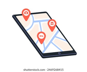 App de mapas de viaje en la pantalla del smartphone. Buscando ubicaciones, destinos. Encontrar, marcar alojamiento, atracciones de la ciudad en línea por teléfono. Ilustración vectorial plana aislada sobre fondo blanco