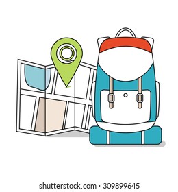 Travel Map with backpack.  Line Icons, Tourist, Sightseeing, Journey, Inspiration and Concept