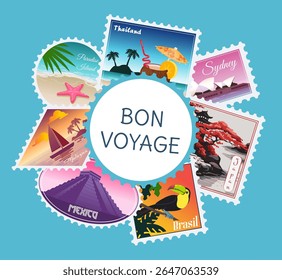 Travel map. Bon voyage. Postal stamps and seals. Summer vacation. Tropical journey tour. Landmark architecture. Letter postmark. Country location sticker scrapbook. Famous building. Vector trip banner