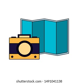 Travel map and camera design, trip airport vacation journey holiday transport and voyage theme Vector illustration