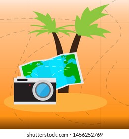Travel map, camera and palm tree. Travel and tourism - Vector
