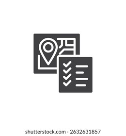 Mapa de viaje con el ícono del Vector de la lista de verificación. cartel plano lleno para el concepto móvil y el Diseño web. Icono de glifo de la lista de verificación de viaje. Símbolo, ilustración del logotipo. Gráficos de Vector