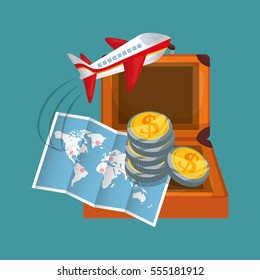 travel map coins suitcase airplane vector illustration eps 10