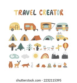 Travel map creator with motorhome, camper, tent, forest animals, trees and etc. Can be used for kid's rooms, t-shirt prints, cards, games, and frames. Vector set with hand-drawn elements. 