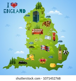 Travel map for england with british landmarks and symbols including transport, food on blue background vector illustration