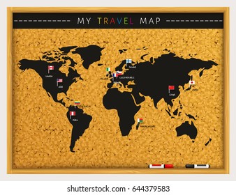 Travel Map With Flags Map Pointers And Marker Pens On Cork Board. Vector.