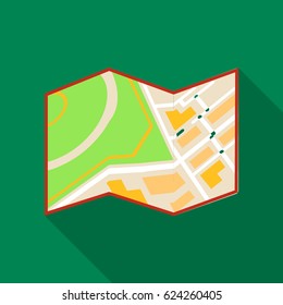 Travel map icon in flat style isolated on green background. Rest and travel symbol stock vector illustration.
