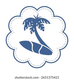 Travel map icon. Tourism patch. Surfing and sunbathing. Beach tropical palm tree. Silhouette surfboard. Sea summer vacation label. Journey tour retro logo. Ocean water wave. Vector isolated sticker