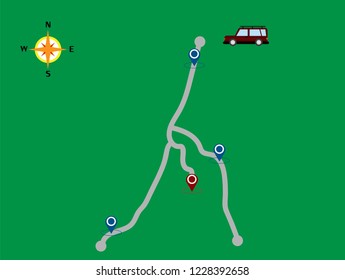Travel map includes compass, car, vector illustration.