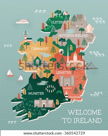 Travel map of Ireland with landmarks and cities