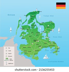 Travel map of Rügen island in Germany. Vector illustration