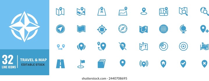 Travel and Map Line Icon Set. museum, airport, trip icons editable stroke	
