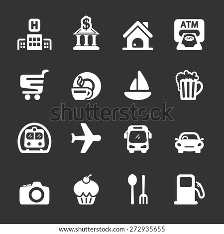 travel map location icon set, white version, vector eps10.