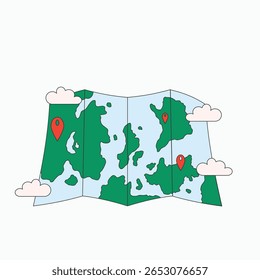 Travel map with location point handdrawn illustration. Flat vector tourist map with marker. Navigation chart with pin icon.