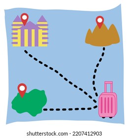 Mapa de viajes con equipaje con líneas discontinuas a destinos Icono de montaña, Icono urbano e ícono de ultramar.