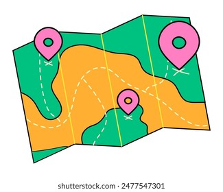 Travel map with marked points. Trekking and hiking route in retro style. Bright hand drawn illustration